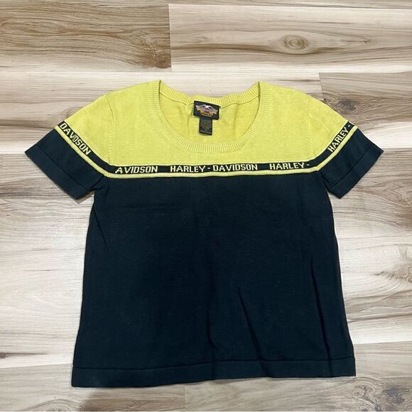 Harley-Davidson Tops - Vintage Harley Davidson Yellow and Black Knit Short Sleeve Top Women’s Medium